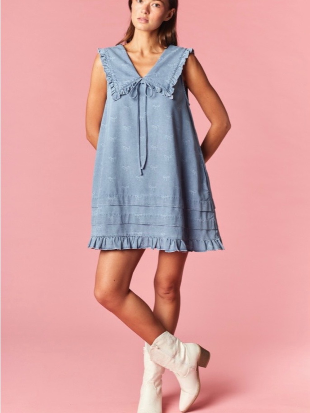 Light Blue Ruffle-Trim Mini Dress with Tie Neck - Picture 2 of 3